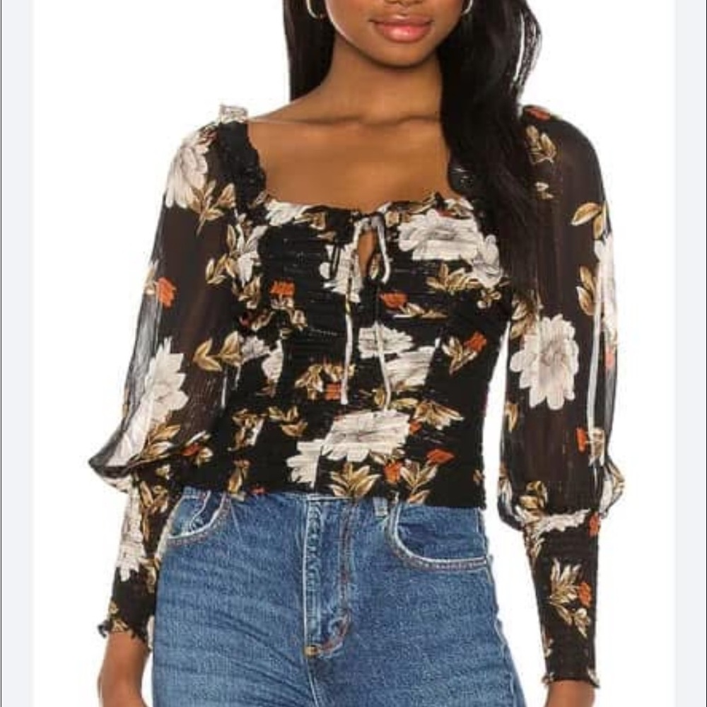 Astr Black and Cream Ruched Bishop Sleeve Blouse